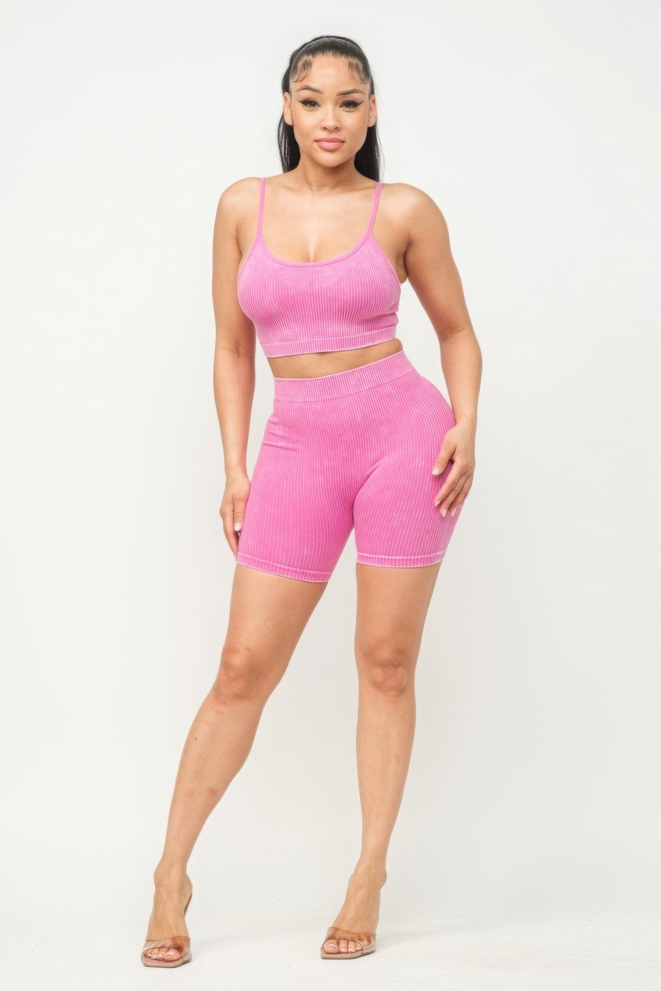 Bubble Gum Pink Washed Seamless Basic Tank Top and Shorts Set