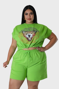 Green Wild Cat Plus Size Stretch Short Set