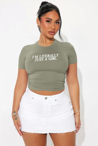 Olive Trendy ‘I’m Just a Girl’ Seamless Crop Top Soft Stylish Shirt