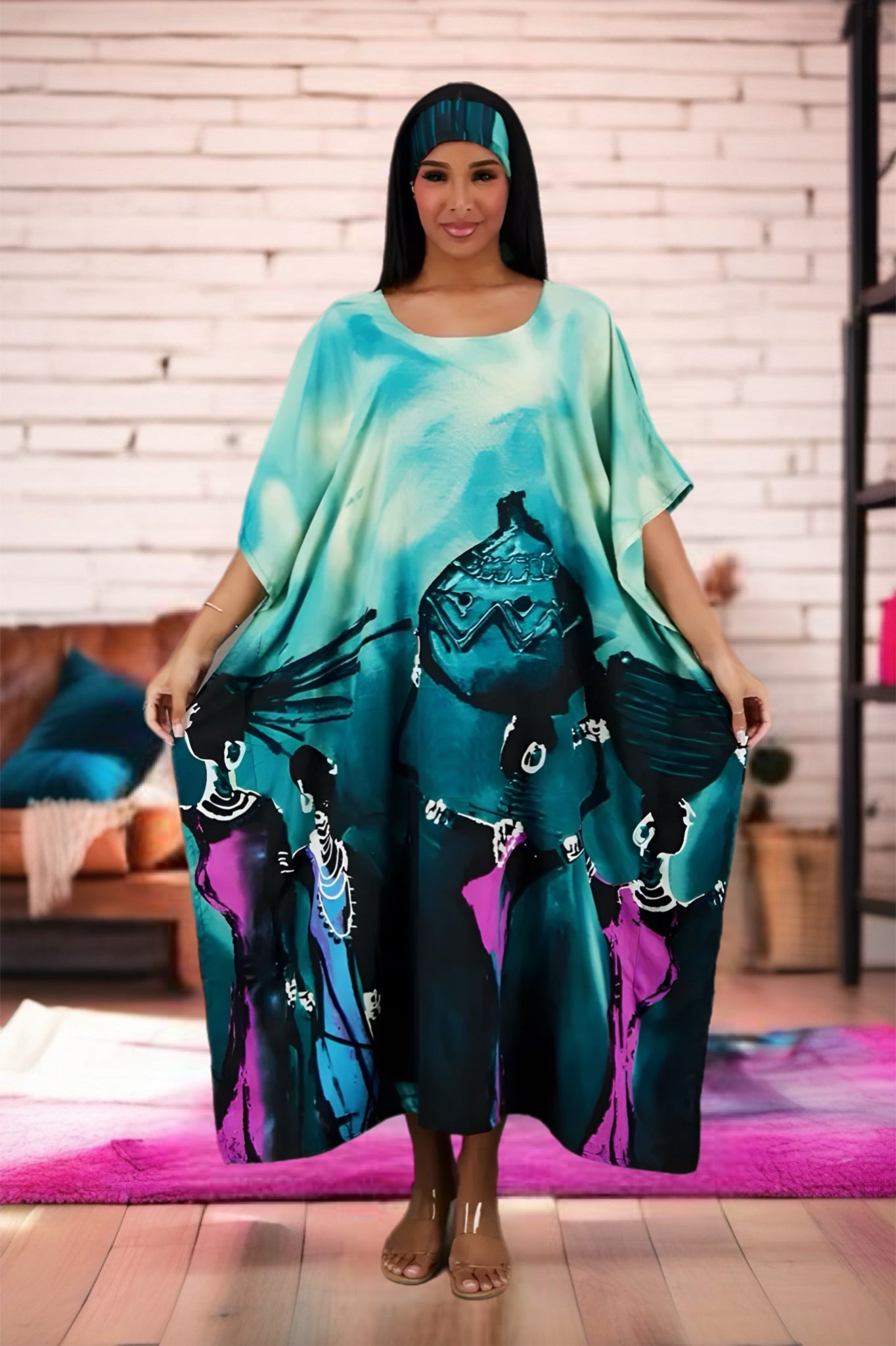 Teal Blue Water Color Inspired Kaftan w/ Matching Headwrap