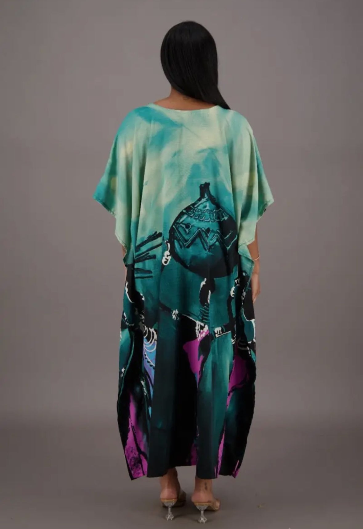 Teal Blue Water Color Inspired Kaftan w/ Matching Headwrap