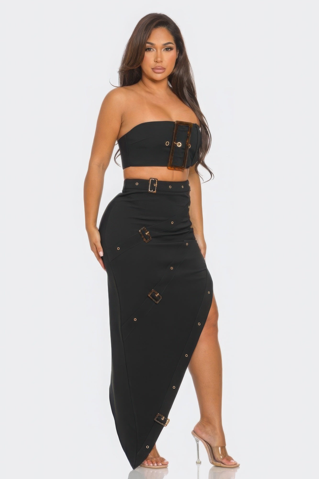 Black Elegant Front Eyelet Buckle Belt Top and Skirt Set