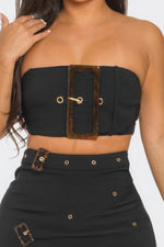 Black Elegant Front Eyelet Buckle Belt Top and Skirt Set