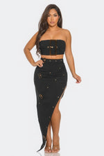 Black Elegant Front Eyelet Buckle Belt Top and Skirt Set