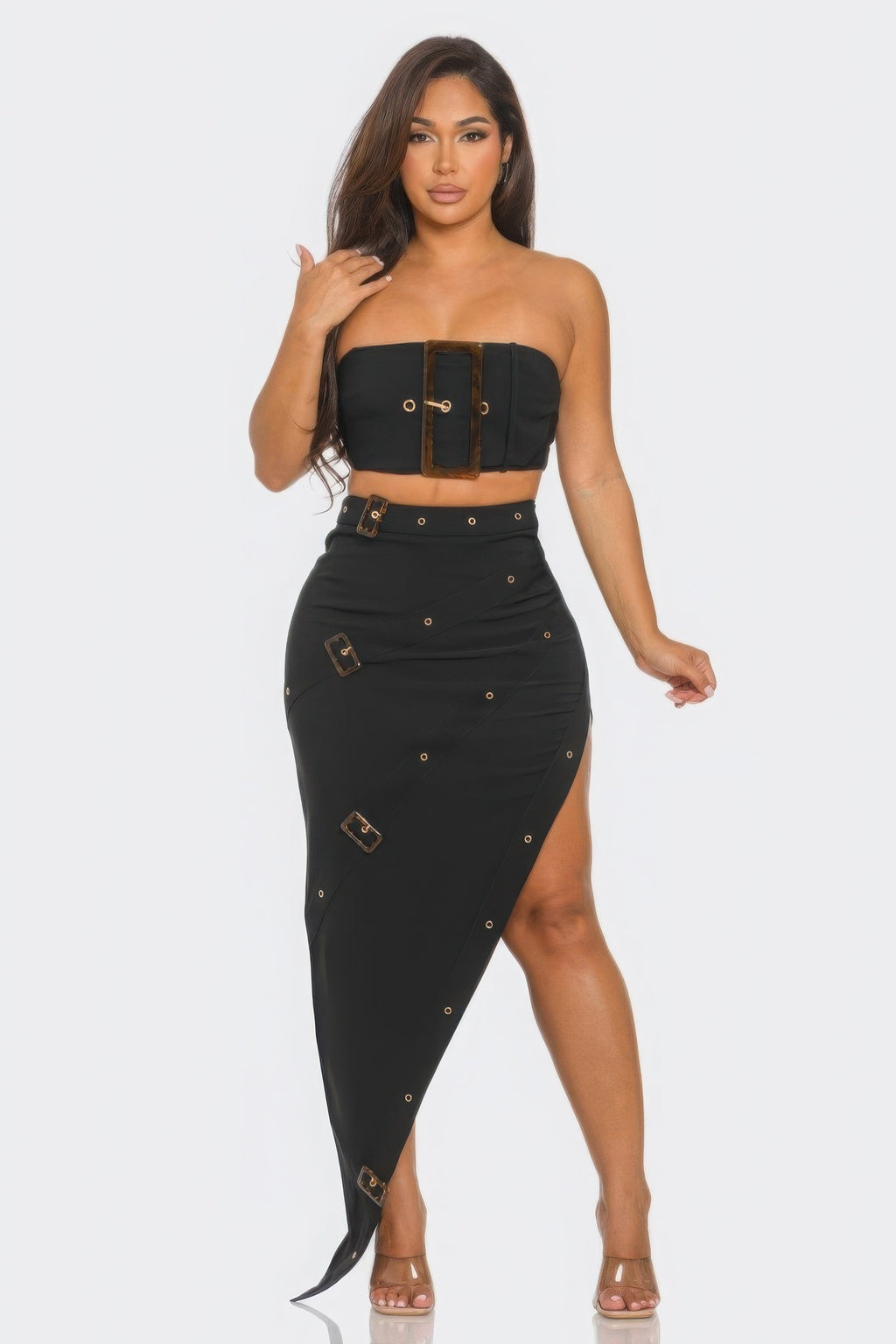 Black Elegant Front Eyelet Buckle Belt Top and Skirt Set