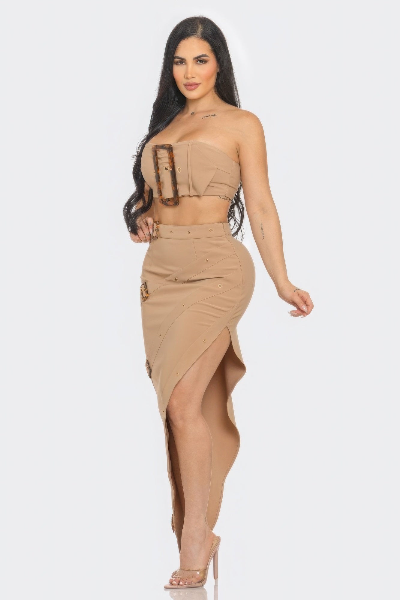 Taupe Elegant Eyelet Buckle Belt Top and Skirt Set