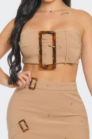 Taupe Elegant Eyelet Buckle Belt Top and Skirt Set