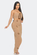 Taupe Elegant Eyelet Buckle Belt Top and Skirt Set