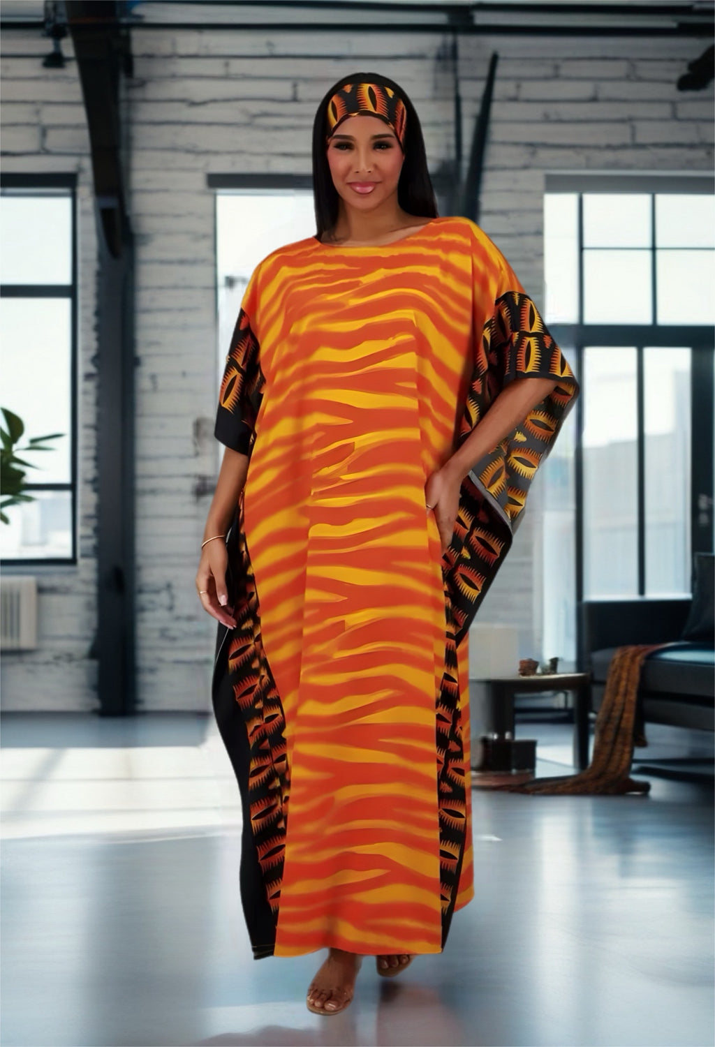 Orange Zebra Printed Kaftan w/ Matching Headwrap