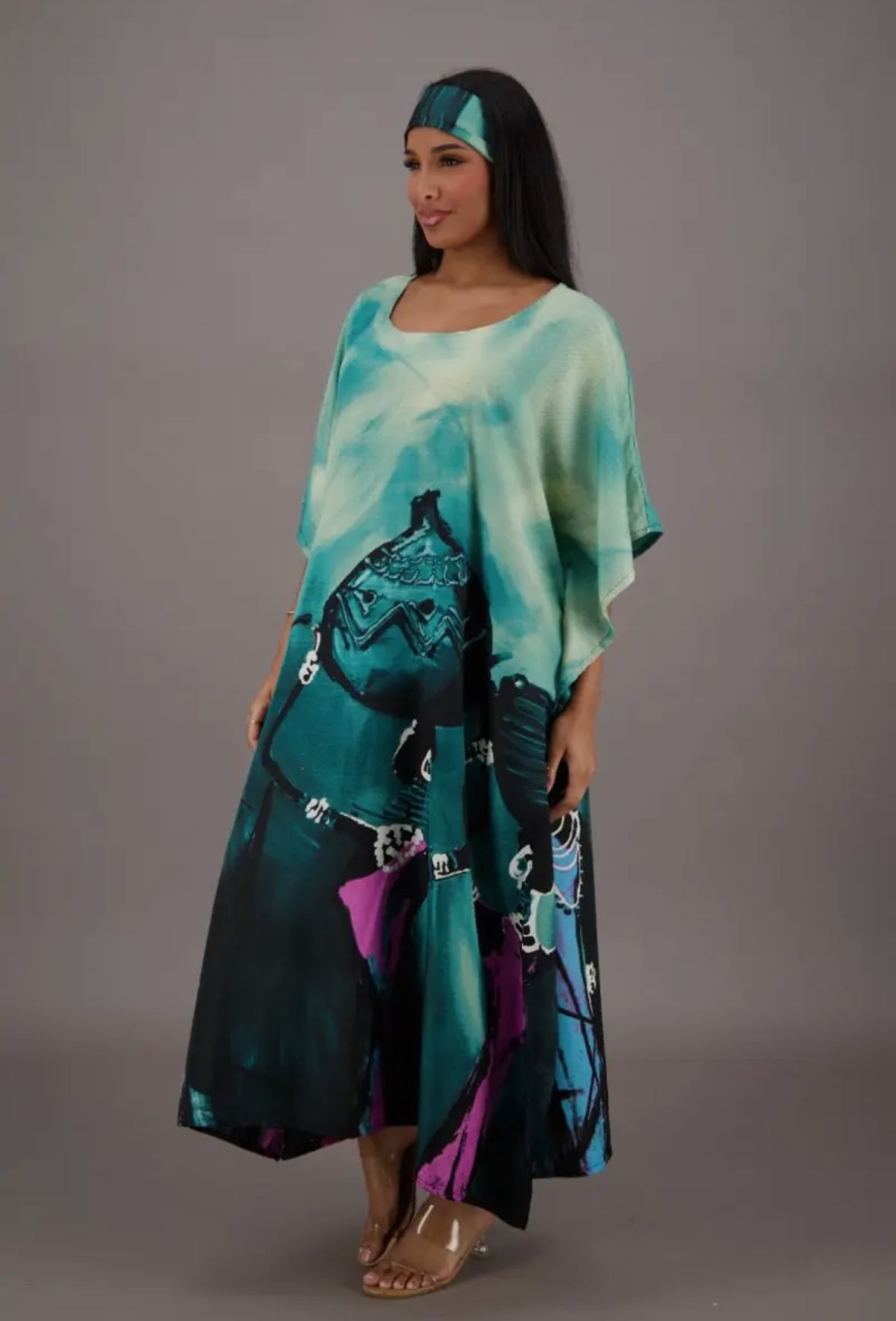 Teal Blue Water Color Inspired Kaftan w/ Matching Headwrap