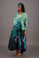 Teal Blue Water Color Inspired Kaftan w/ Matching Headwrap