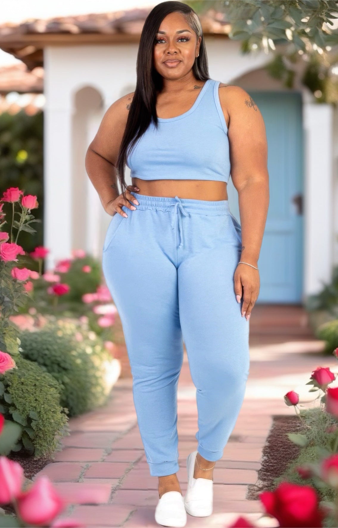 French Terry Plus Size Cropped Tank Top & Joggers Set