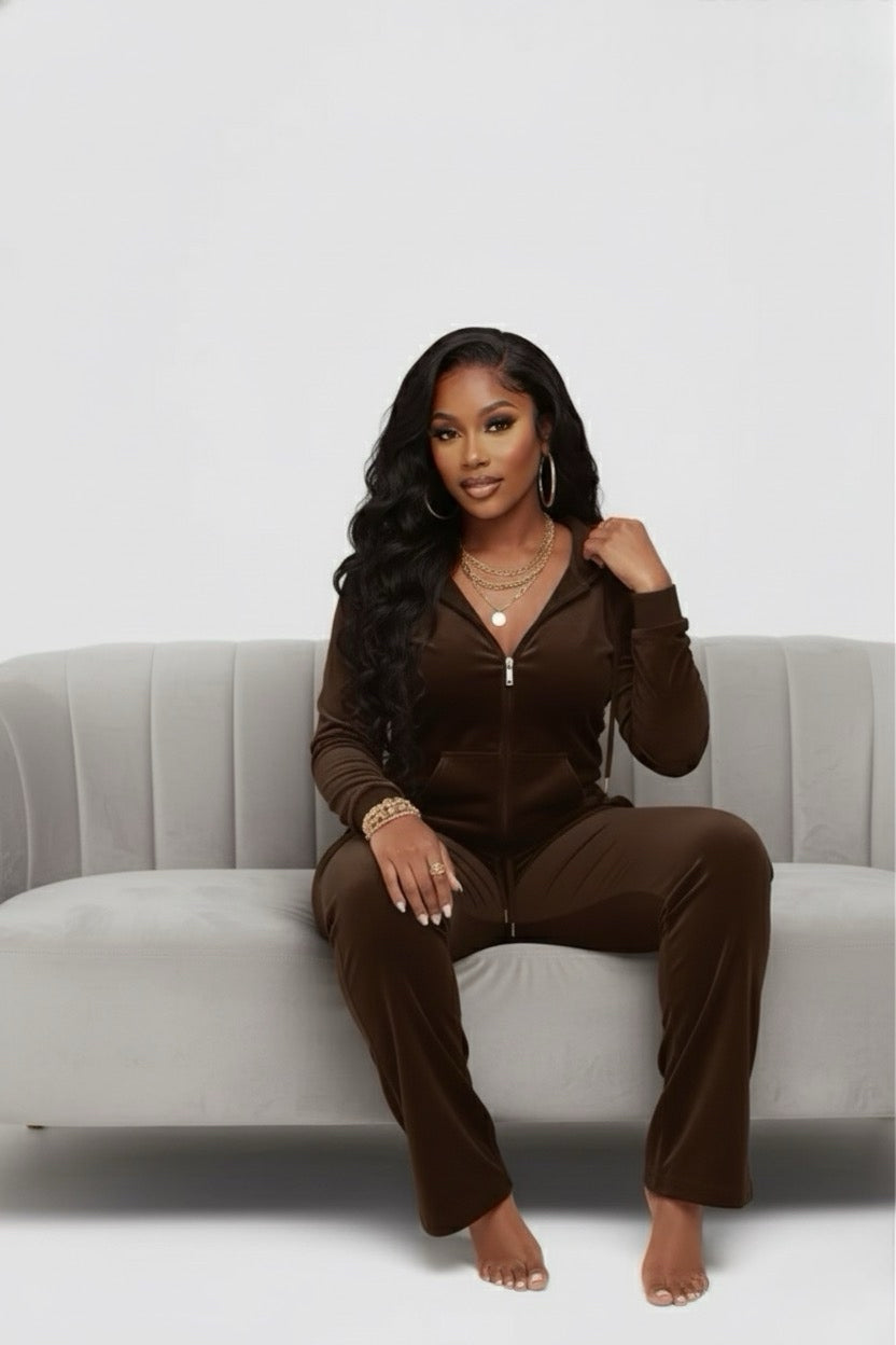 Plus Size Velour Zip Up Two Piece Hoodie & Sweatpants