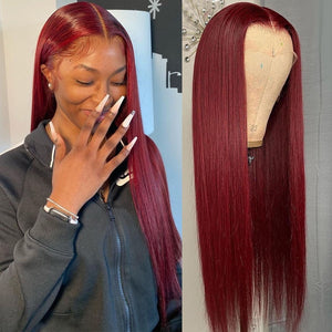 Peruvian Straight Hair Lace Front 99J Burgundy Pre-Plucked 13x4 Lace Wig